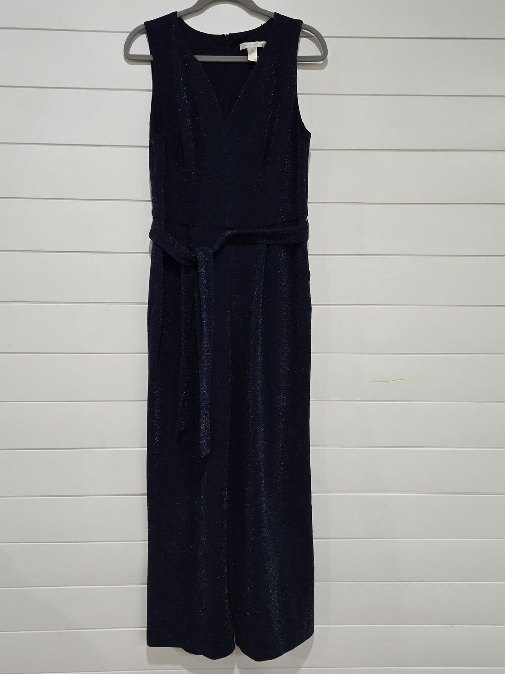 London Times Navy Sparkle Sleeveless Jumpsuit with Tie Belt Wide Leg Metallic 10